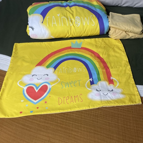 Toddler Bedding Set- Bright Cheerful Rainbows, Yellow-comforter,‎ Sheets, & Sham - Picture 1 of 16
